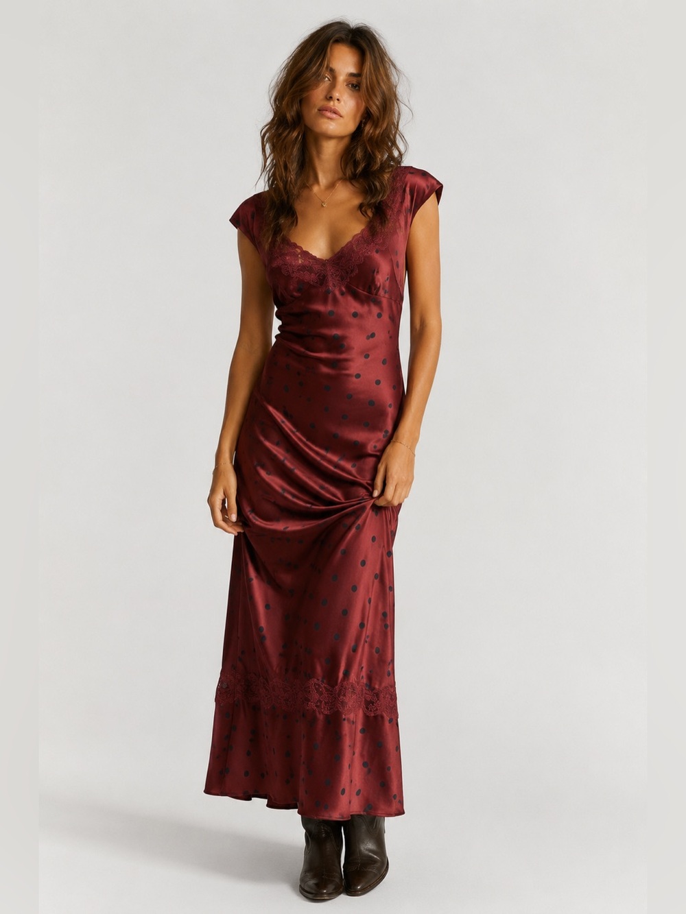 Free People Burgundy Polka Dot Satin Maxi Dress